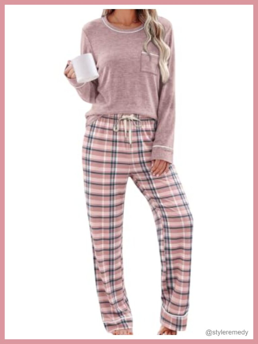 Soft Long Sleeve Pajama Set Crewneck Chest Pocket Wide Leg Pants Lounge